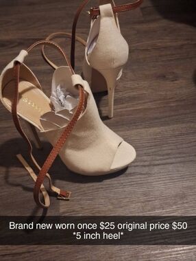 Shoe Dazzle Cream Open-Toe Stiletto Sandals with Brown Ankle Strap